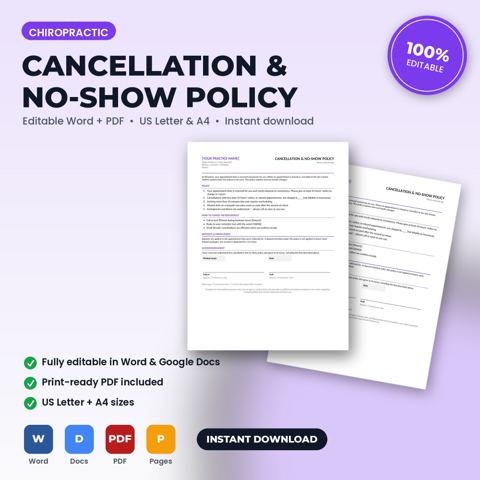 Política de cancelación e inasistencias (no-show) para consultorio quiropráctico — portada de la plantilla de consultorio quiropráctico