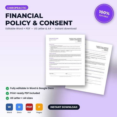 Política financiera, consentimiento de tratamiento y autorización de fotografías para consultorio quiropráctico — portada de la plantilla de consultorio quiropráctico