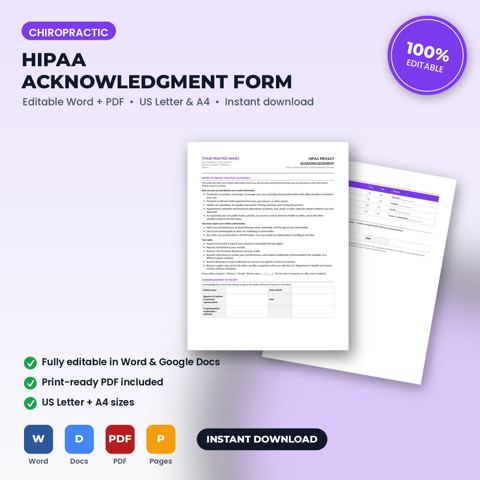 Acuse de recibo de HIPAA del Aviso de Prácticas de Privacidad y consentimiento de comunicación para consultorio quiropráctico — portada de la plantilla de consultorio quiropráctico