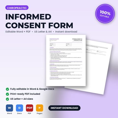 Formulario de consentimiento informado específico del tratamiento para consultorio quiropráctico — portada de la plantilla de consultorio quiropráctico