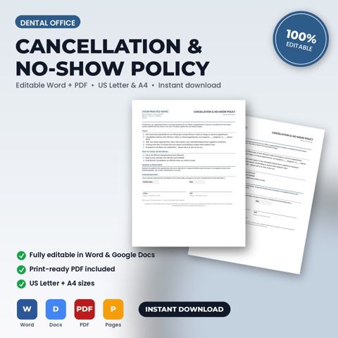 Política de cancelación e inasistencias para consultorio dental — portada de la plantilla de consultorio dental