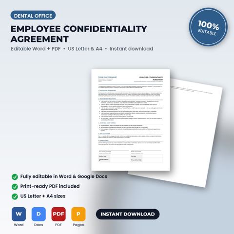 Acuerdo de confidencialidad y HIPAA para empleados para consultorio dental — portada de la plantilla de consultorio dental