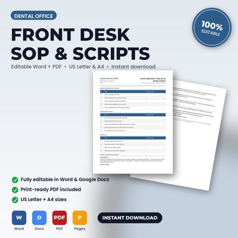 Procedimiento operativo estándar (SOP) de recepción, lista diaria de tareas y guiones telefónicos para consultorio dental — portada de la plantilla de consultorio dental
