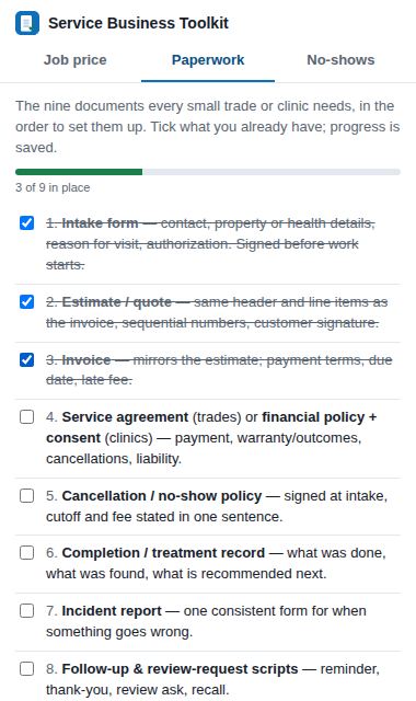 Paperwork checklist tab with three of nine documents ticked