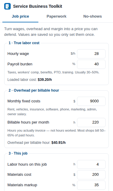 The Service Business Toolkit popup showing the job price calculator with wage, burden, overhead and margin fields