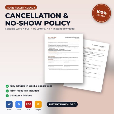 Política de cancelación e inasistencias (no-show) para agencia de atención médica domiciliaria — portada de la plantilla de agencia de atención médica domiciliaria