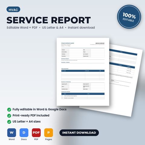 Informe de servicio de finalización del trabajo para HVAC — portada de la plantilla de HVAC