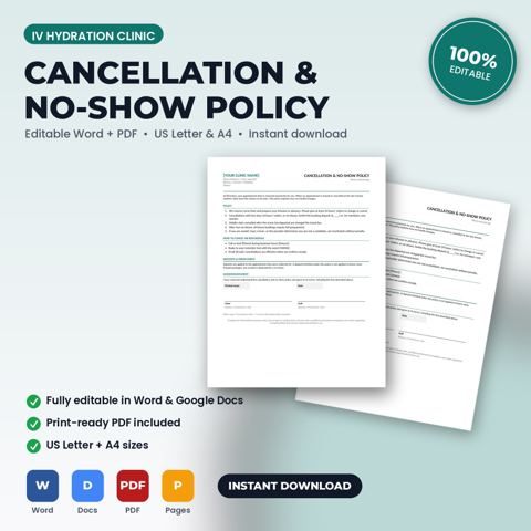 Política de cancelación e inasistencias para clínica de hidratación IV — portada de la plantilla de clínica de hidratación IV