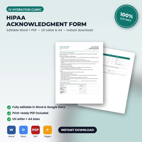 Acuse de recibo de HIPAA del Aviso de prácticas de privacidad y consentimiento de comunicación para clínica de hidratación IV — portada de la plantilla de clínica de hidratación IV