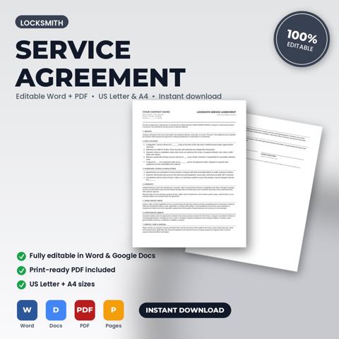 Contrato de servicio y términos de servicio para cerrajería — portada de la plantilla de cerrajería