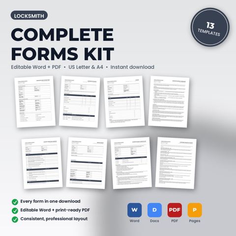 Kit completo de formularios comerciales para cerrajería — portada de la plantilla de cerrajería