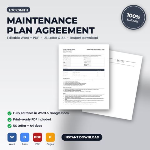 Contrato de membresía de plan de mantenimiento para cerrajería — portada de la plantilla de cerrajería