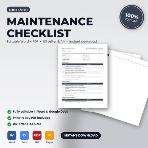 Lista de verificación de mantenimiento e inspección de temporada para cerrajería — portada de la plantilla de cerrajería