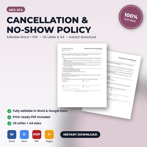 Política de cancelación e inasistencias para med spa — portada de la plantilla de med spa