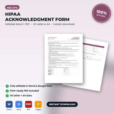 Acuse de recibo de HIPAA del Aviso de prácticas de privacidad y consentimiento de comunicación para med spa — portada de la plantilla de med spa