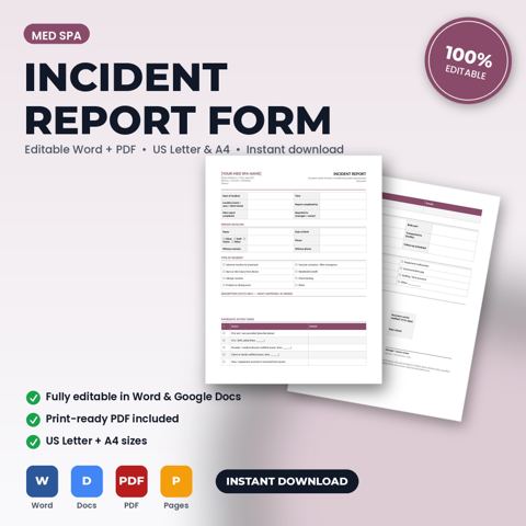 Informe de incidentes y eventos adversos para med spa — portada de la plantilla de med spa