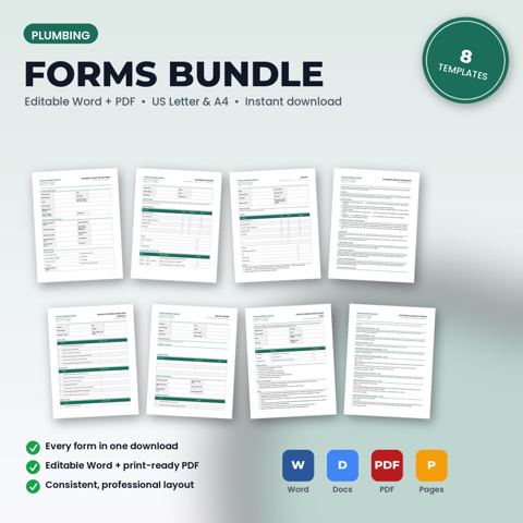 Paquete de formularios comerciales para plomería — portada de la plantilla de plomería