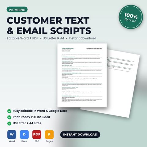 Guiones de seguimiento, recordatorio y solicitud de reseñas para clientes de plomería — portada de la plantilla de plomería