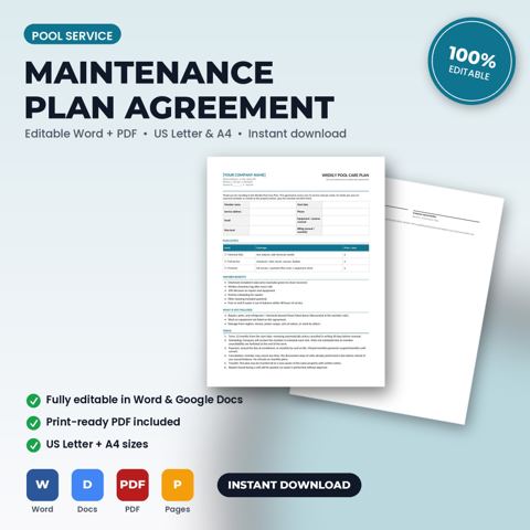 Contrato de membresía de plan de mantenimiento para servicio de piscinas — portada de la plantilla de servicio de piscinas